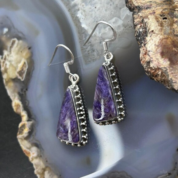 Sterling Silver Southwestern Style Triangle Charoite Dangle Earrings For Women - Picture 5 of 10